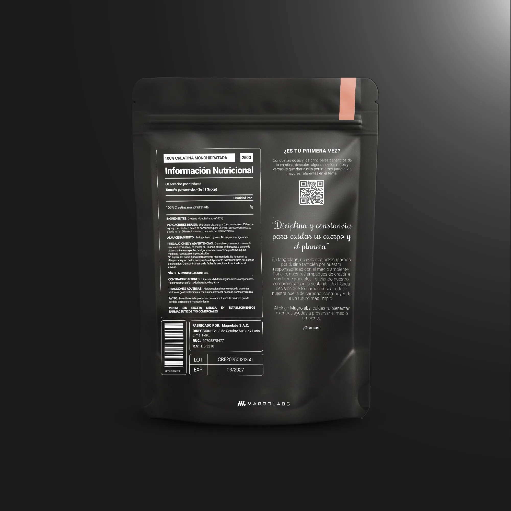 Creatina Monohidratada 250 gr - vista trasera